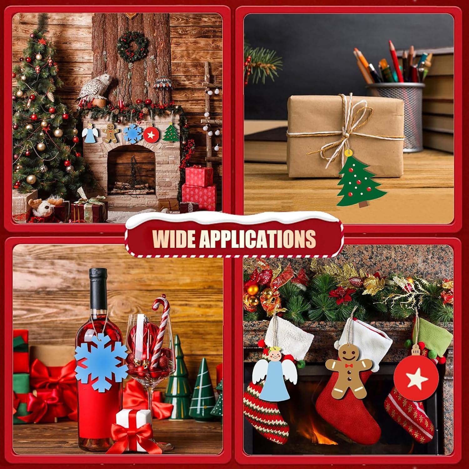 Collage of Christmas-themed decorations with text 'Wide Applications' on a red border.