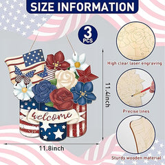 Decorative sign with American flag design, flowers, and 'welcome' text on a gray background with size information.