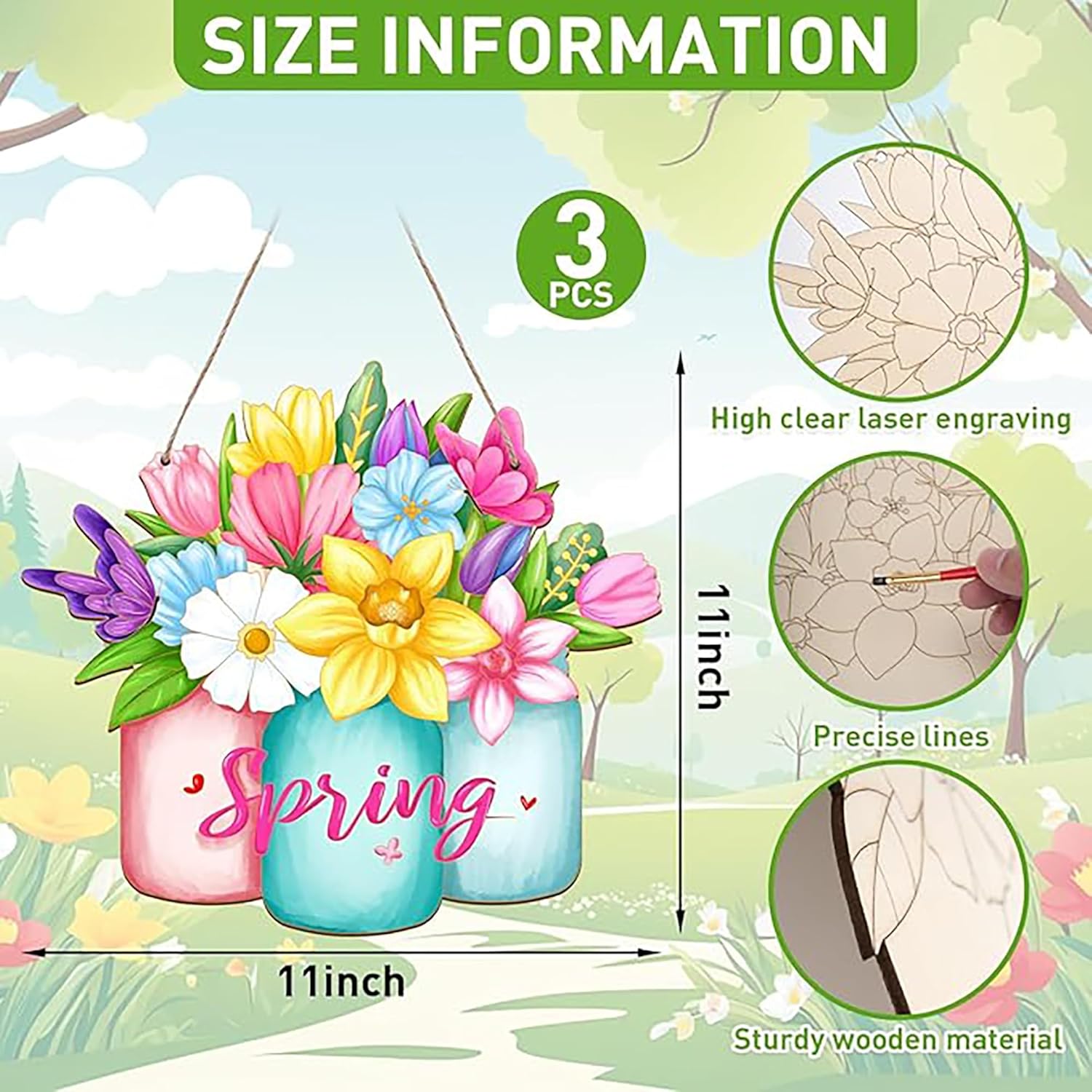 Three colorful flower arrangements in jars with 'Spring' text, size information, and material details on a nature-themed background.