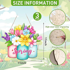 Three colorful flower arrangements in jars with 'Spring' text, size information, and material details on a nature-themed background.