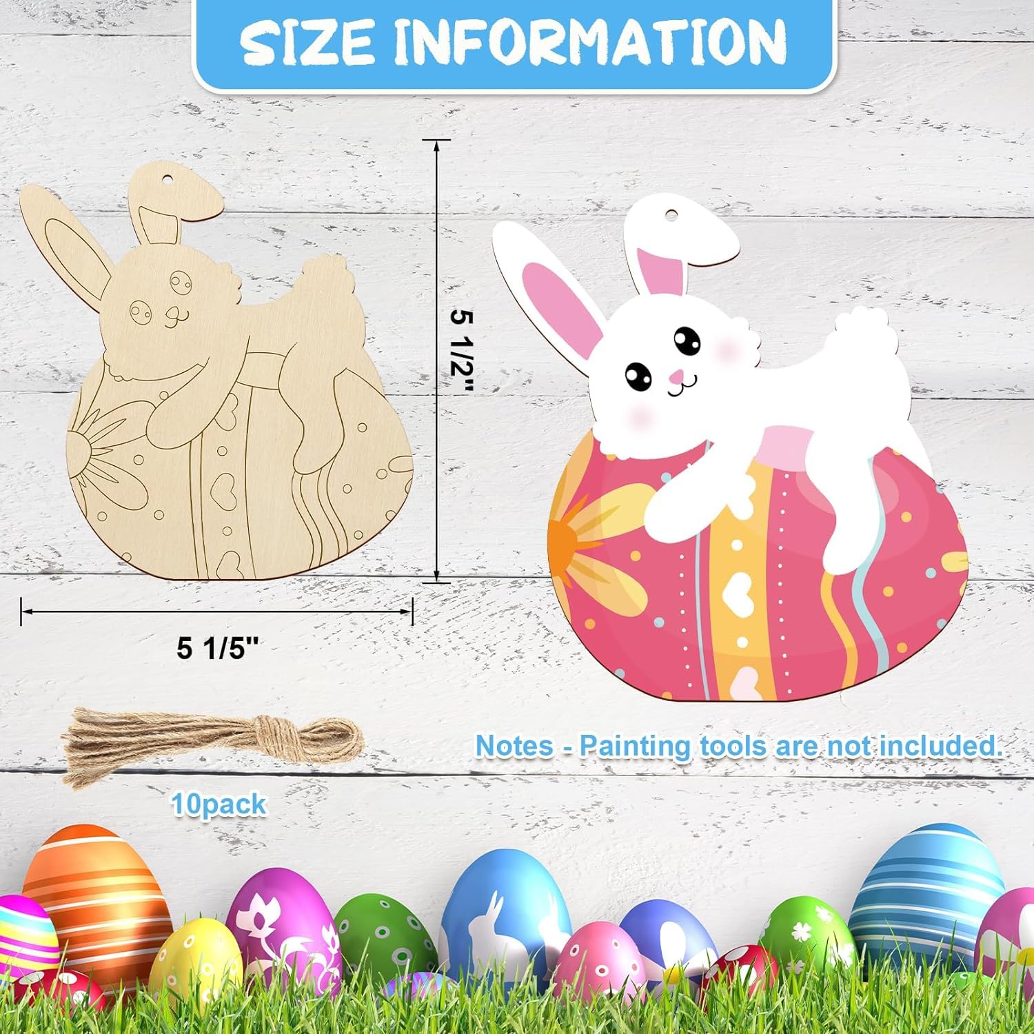 Wooden bunny and egg decorations with size information on a wooden background