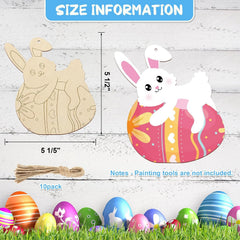 Wooden bunny and egg decorations with size information on a wooden background