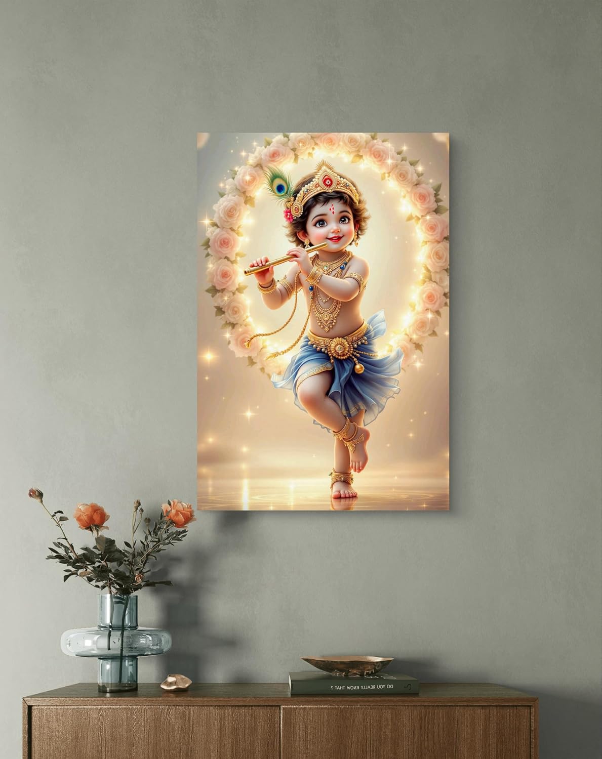 Canvas print of a child-like figure with a flute on a wall above a wooden cabinet.