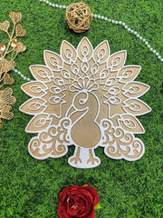 Decorative peacock design on a green grass background with a red flower and decorative elements.