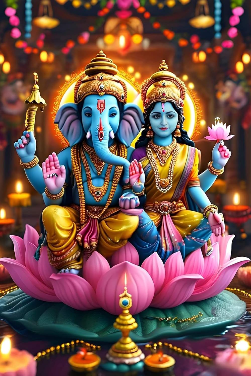 Statue of two deities on a pink lotus with colorful lights in the background