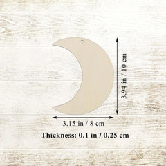 Moon-shaped wooden cutout with measurements on a textured beige background