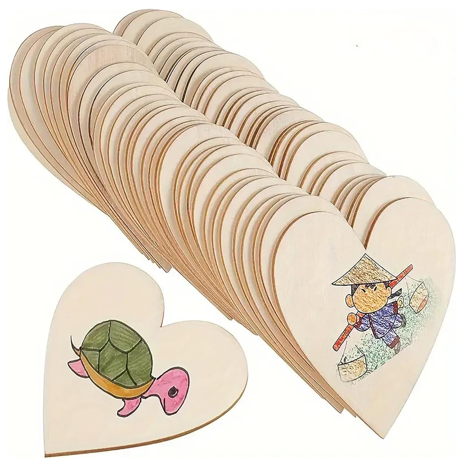 Set of wooden heart-shaped cards with illustrations on a white background