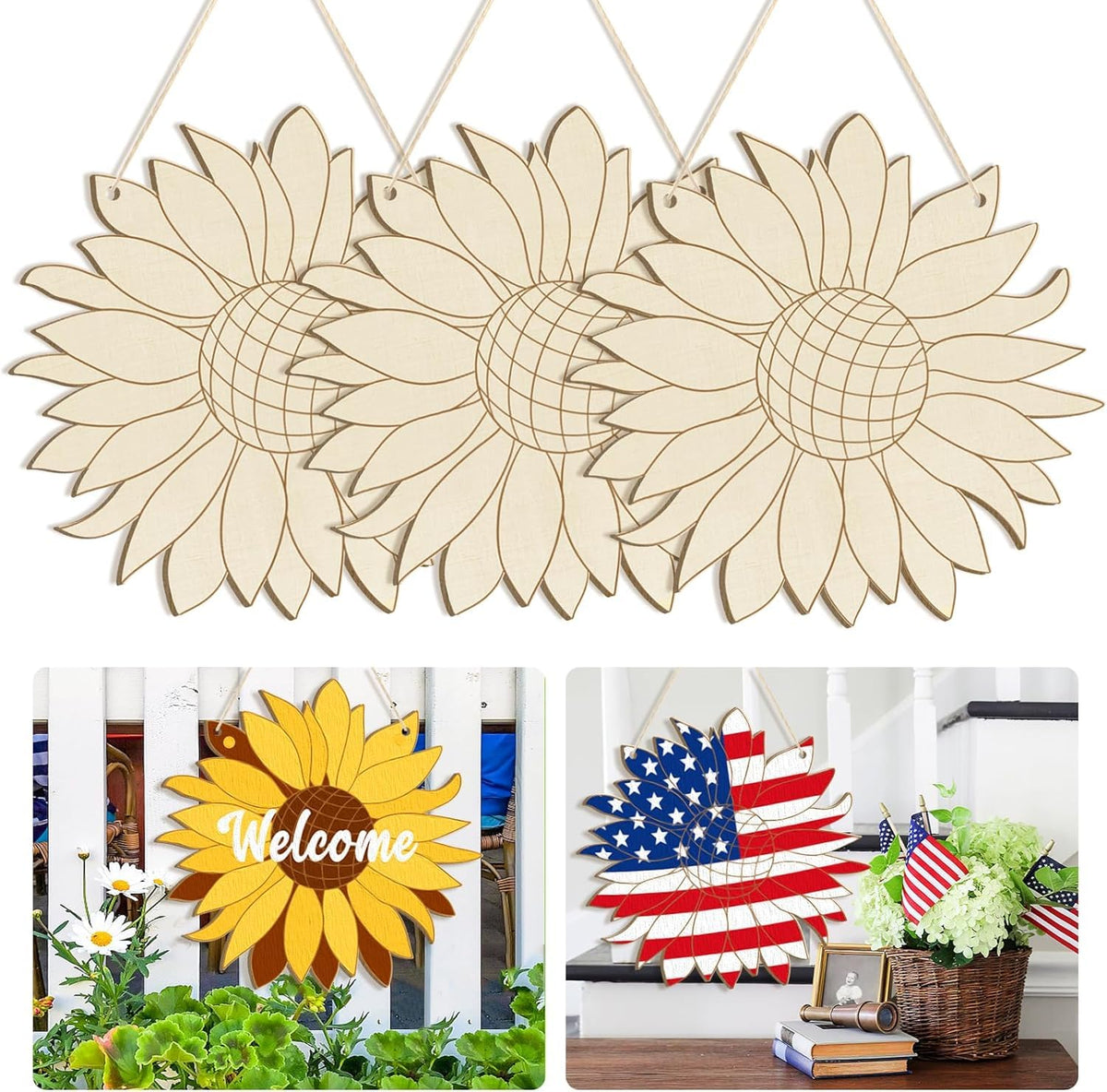 Wooden sunflower decorations with 'Welcome' text and American flag design.