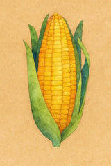 Illustration of a corn cob with green leaves on a beige background
