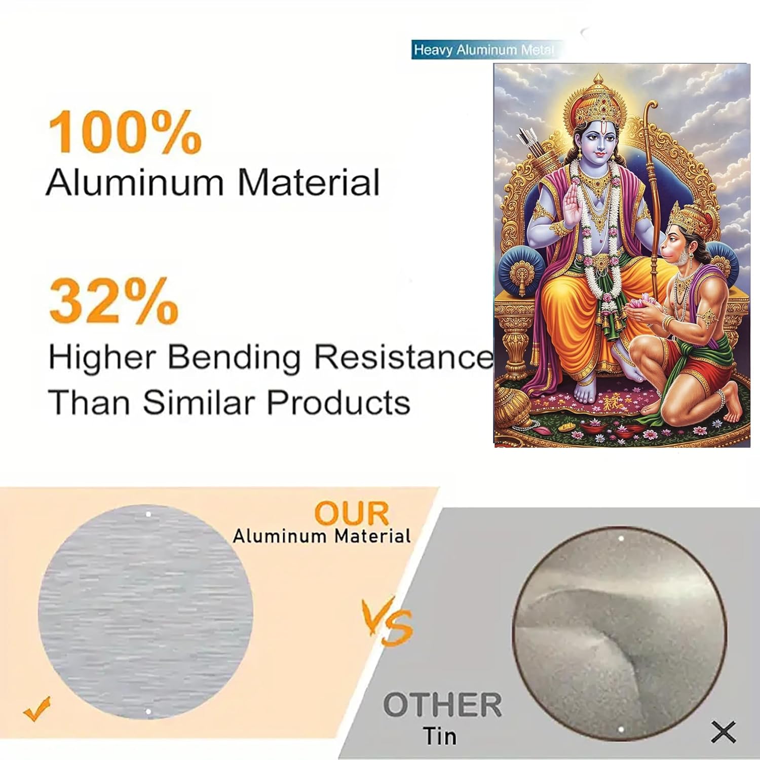 Advertisement comparing aluminum material to other products with text and images of deities.