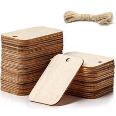 Stacks of wooden tags with a bundle of twine on a white background