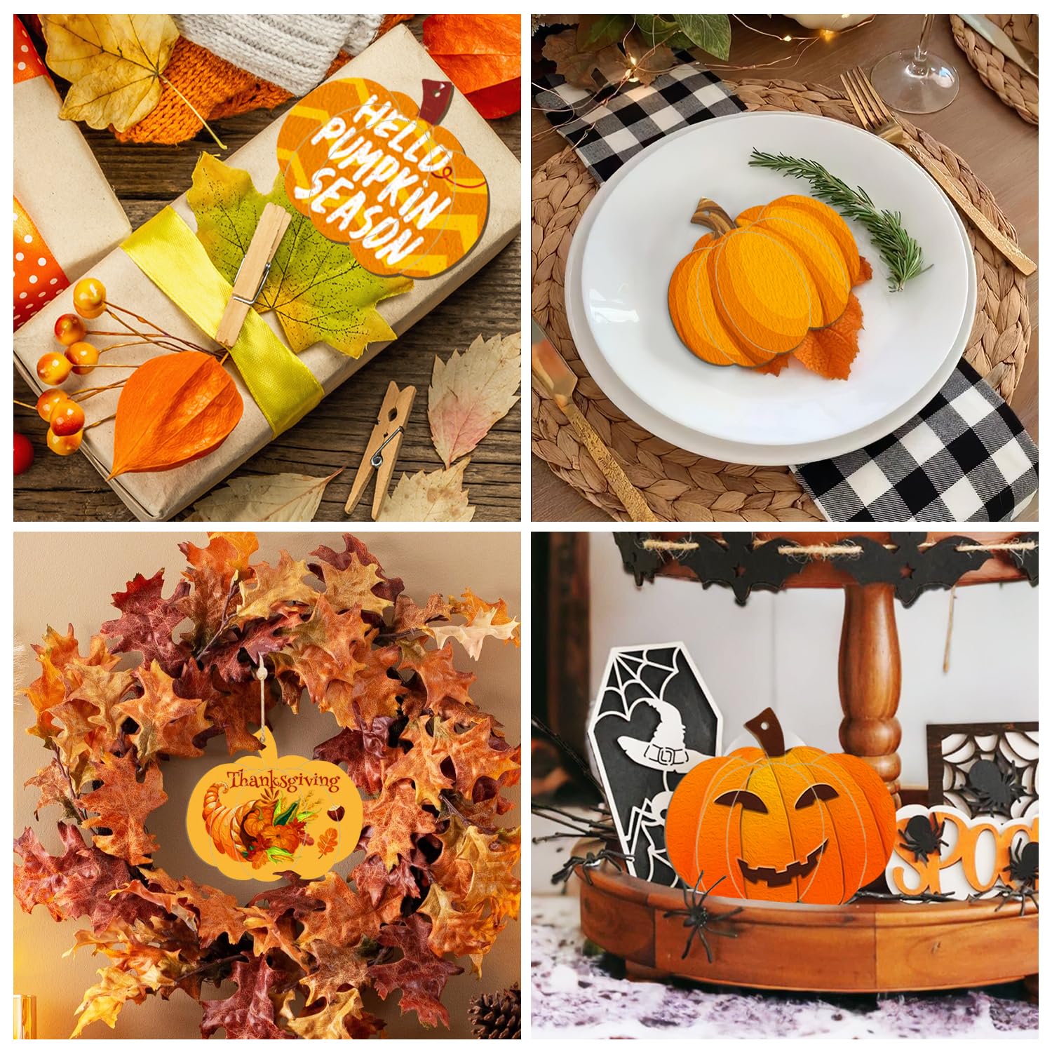 Collage of Halloween and Thanksgiving decorations including a pumpkin, wreath, and table setting.