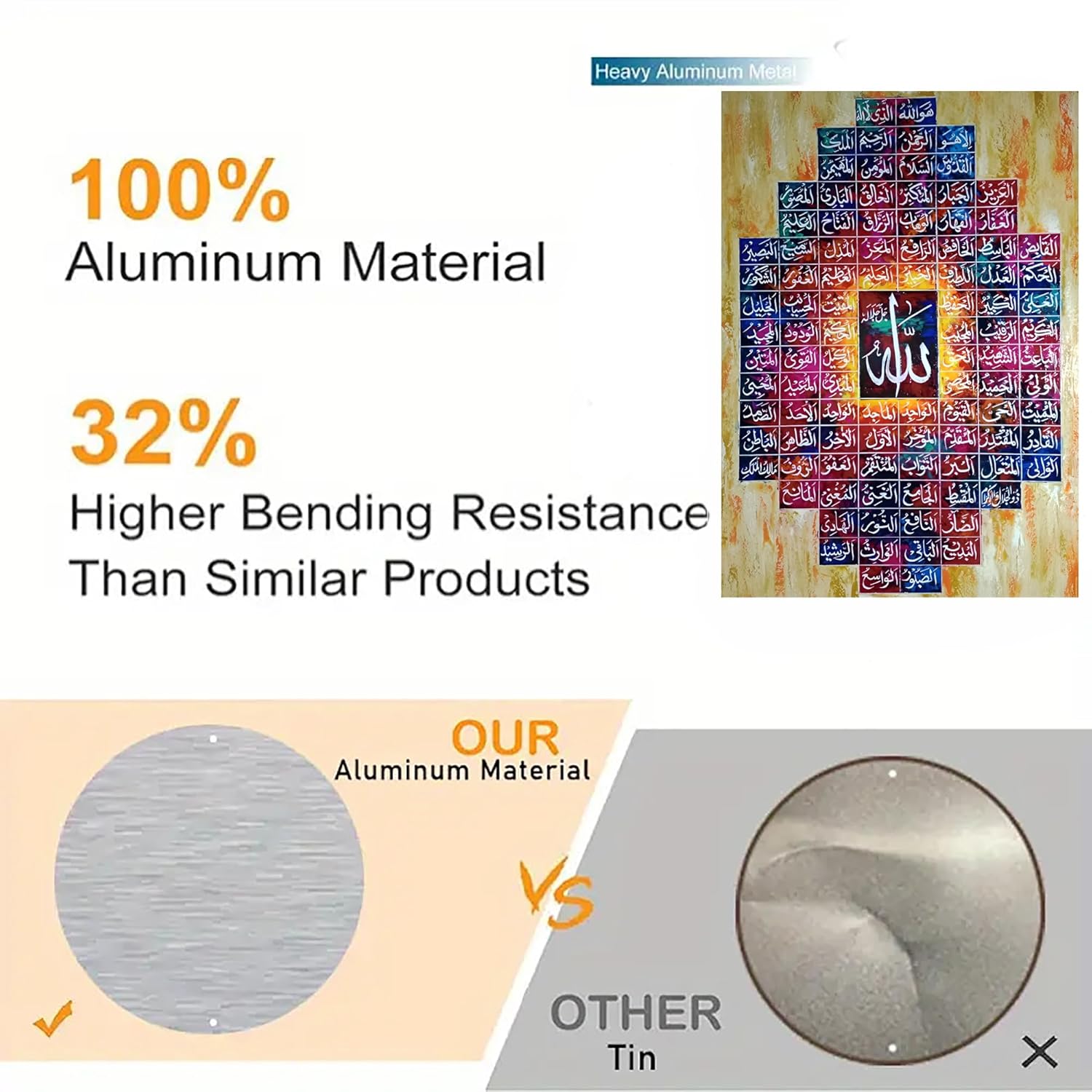 Comparison of aluminum material with other tin, highlighting features like 100% aluminum content and higher bending resistance.