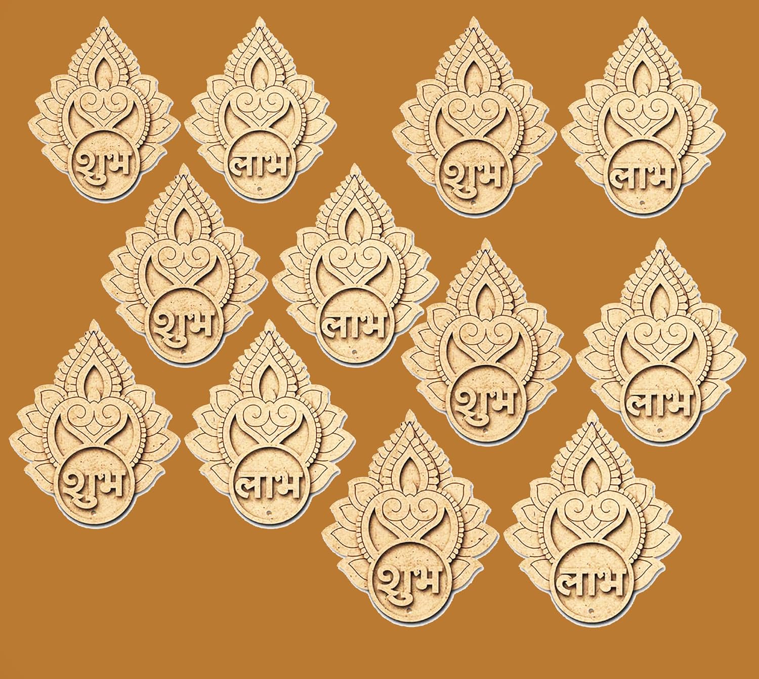 Decorative elements with intricate designs and text on a brown background