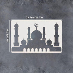 Silhouette of a mosque with dimensions on a gray background