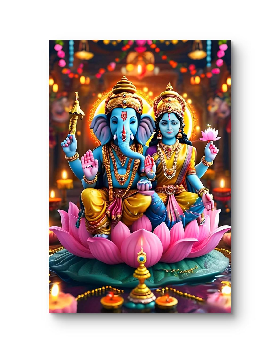 Colorful depiction of two deities sitting on a lotus with a festive background