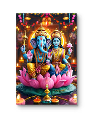 Colorful depiction of two deities sitting on a lotus with a festive background