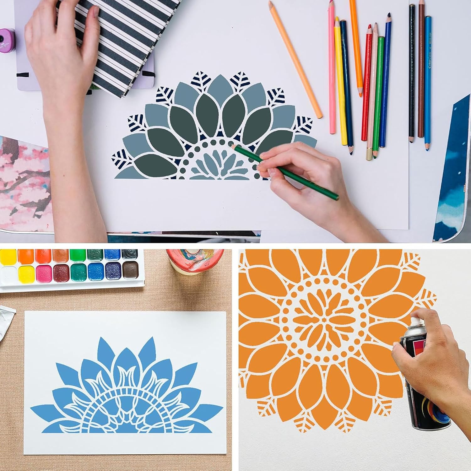 Collage of a person drawing a floral design with markers, a completed design on paper, and another design being spray painted.