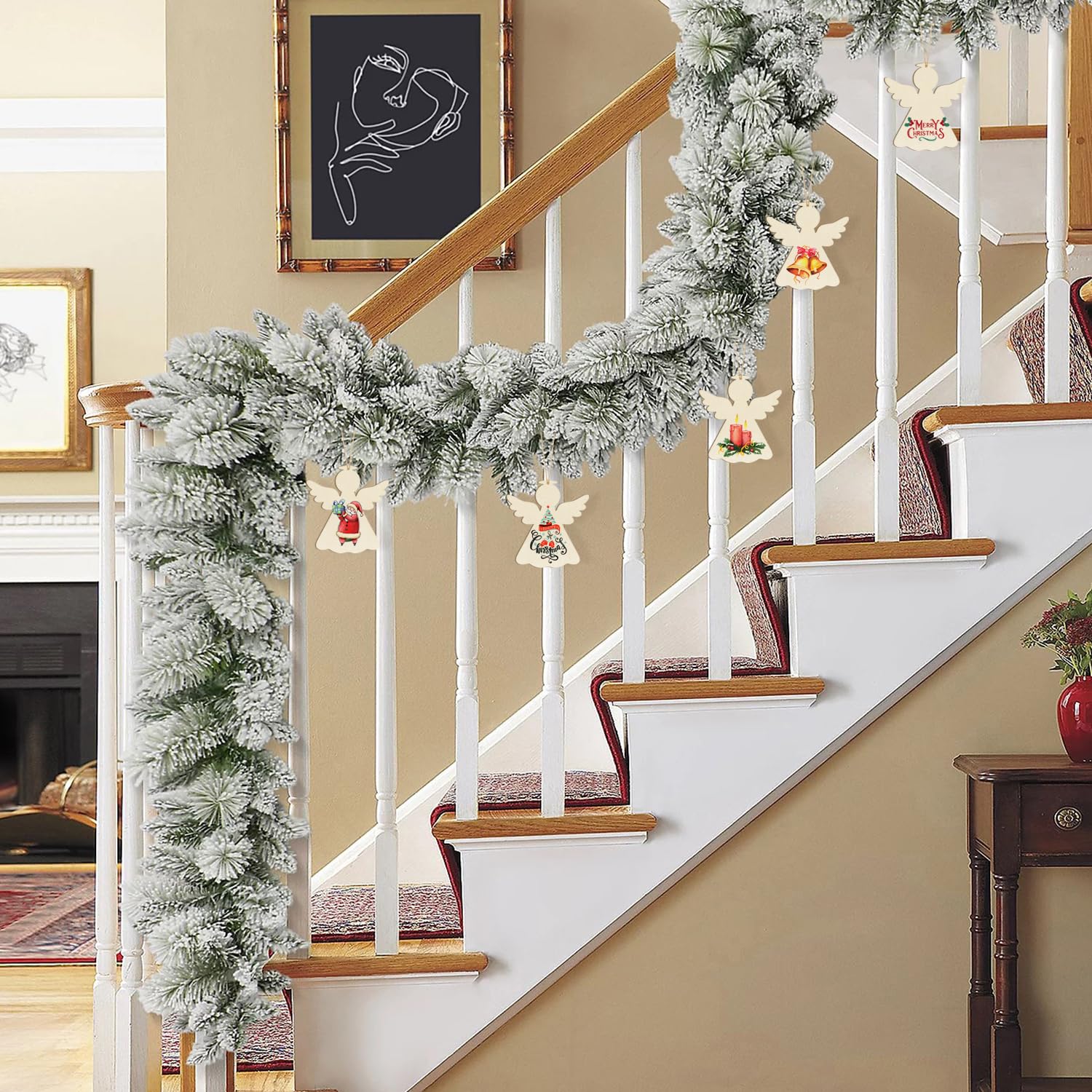 Decorative Christmas garland on a staircase with festive ornaments.