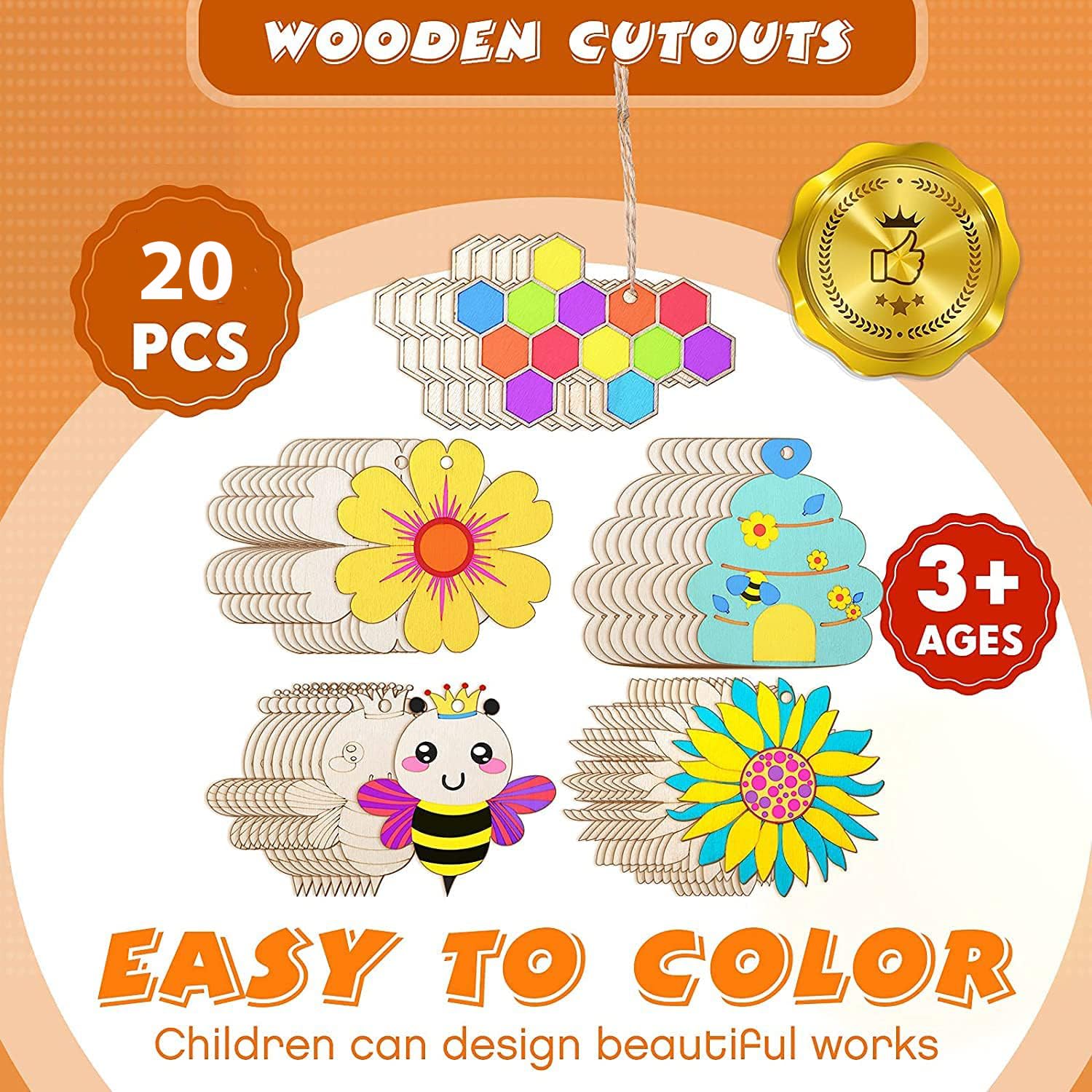 Set of wooden cutouts with colorful designs on an orange background