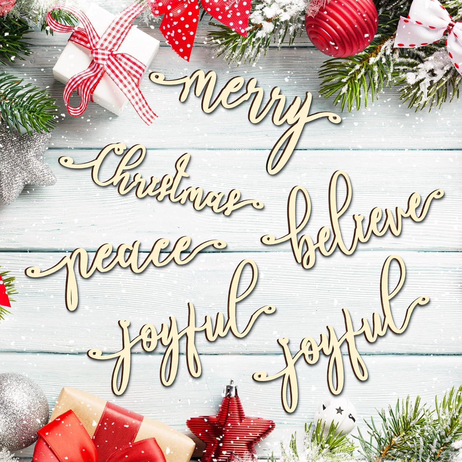 Decorative Christmas scene with wooden cutouts of 'Merry Christmas', 'Peace', 'Believe', and 'Joyful' on a festive background.