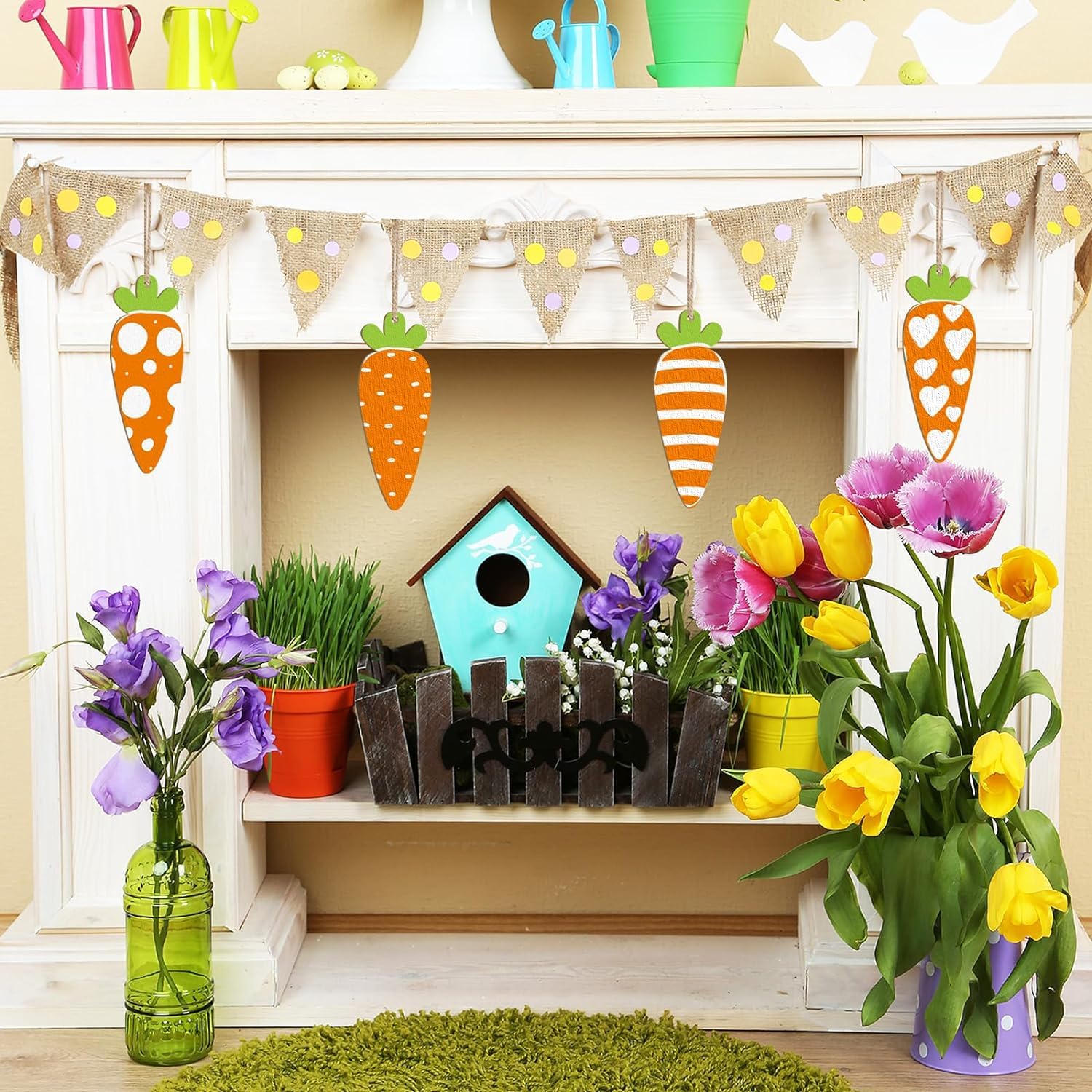 Decorative shelf with Easter-themed items including a birdhouse, flowers, and carrot decorations.