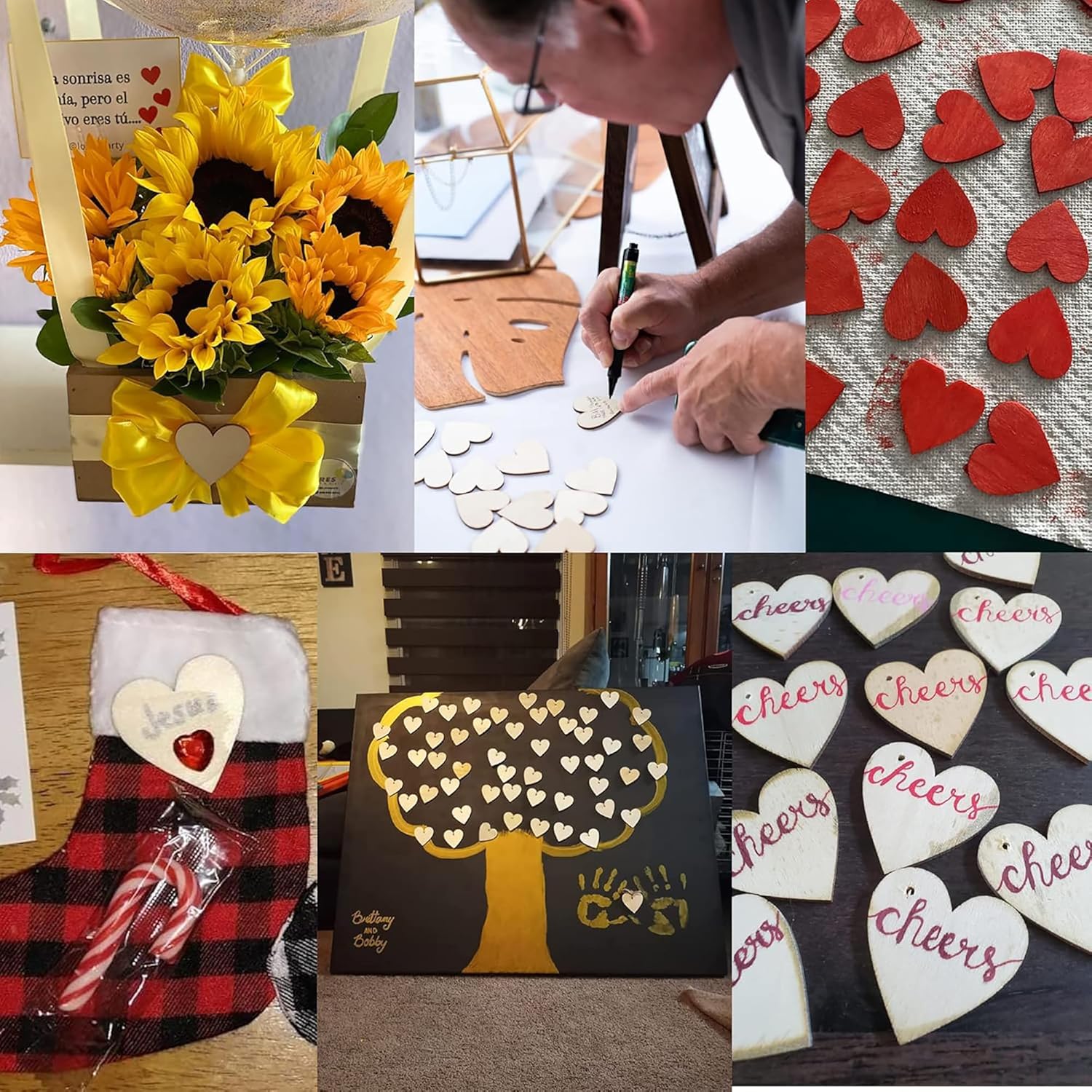 Collage of various images including sunflowers, heart-shaped cookies, and a gift bag.