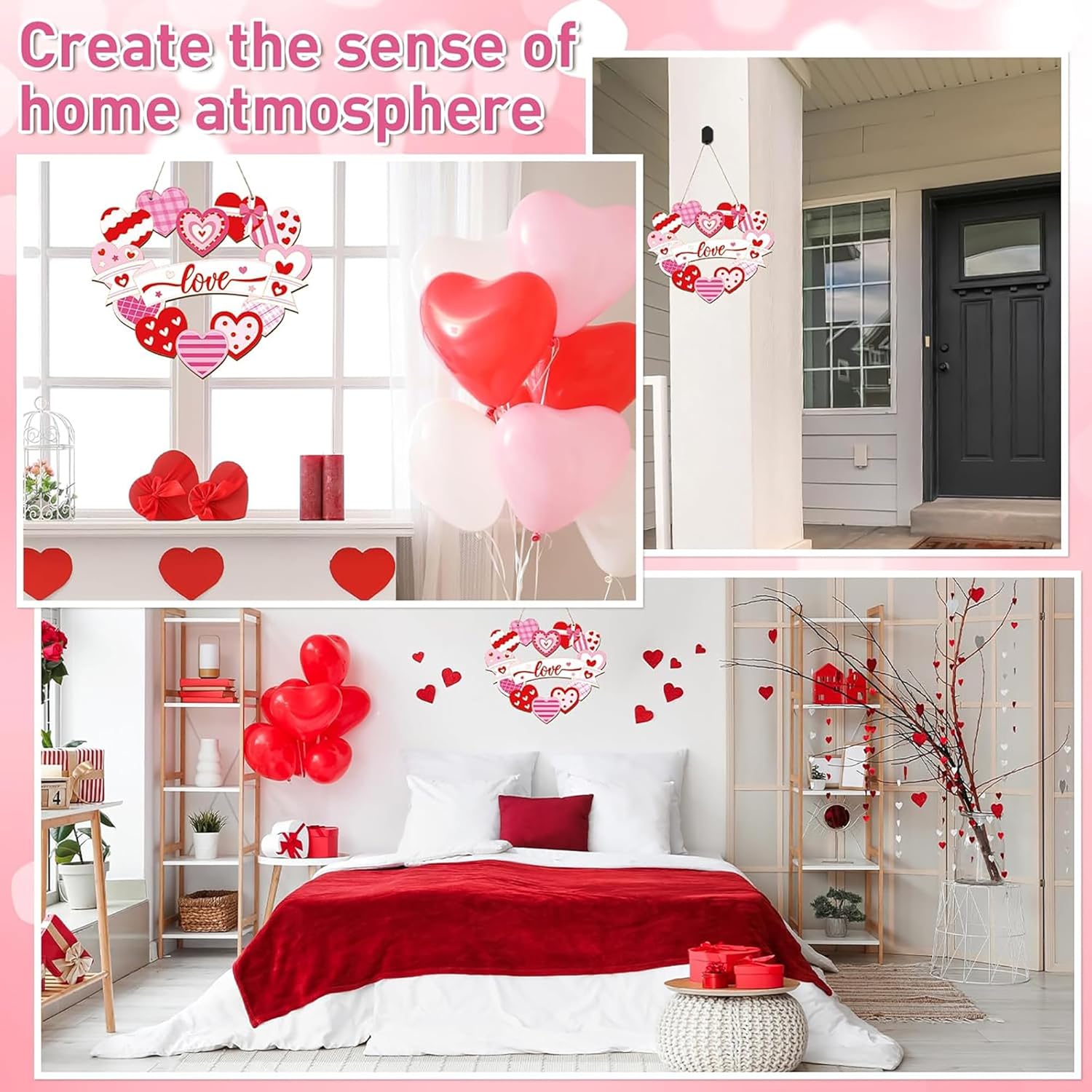 Collage of home decor items with heart shapes and balloons, creating a romantic atmosphere.