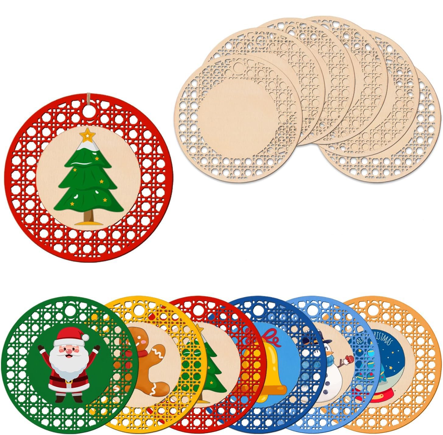 Set of Christmas-themed coasters with decorative patterns on a white background