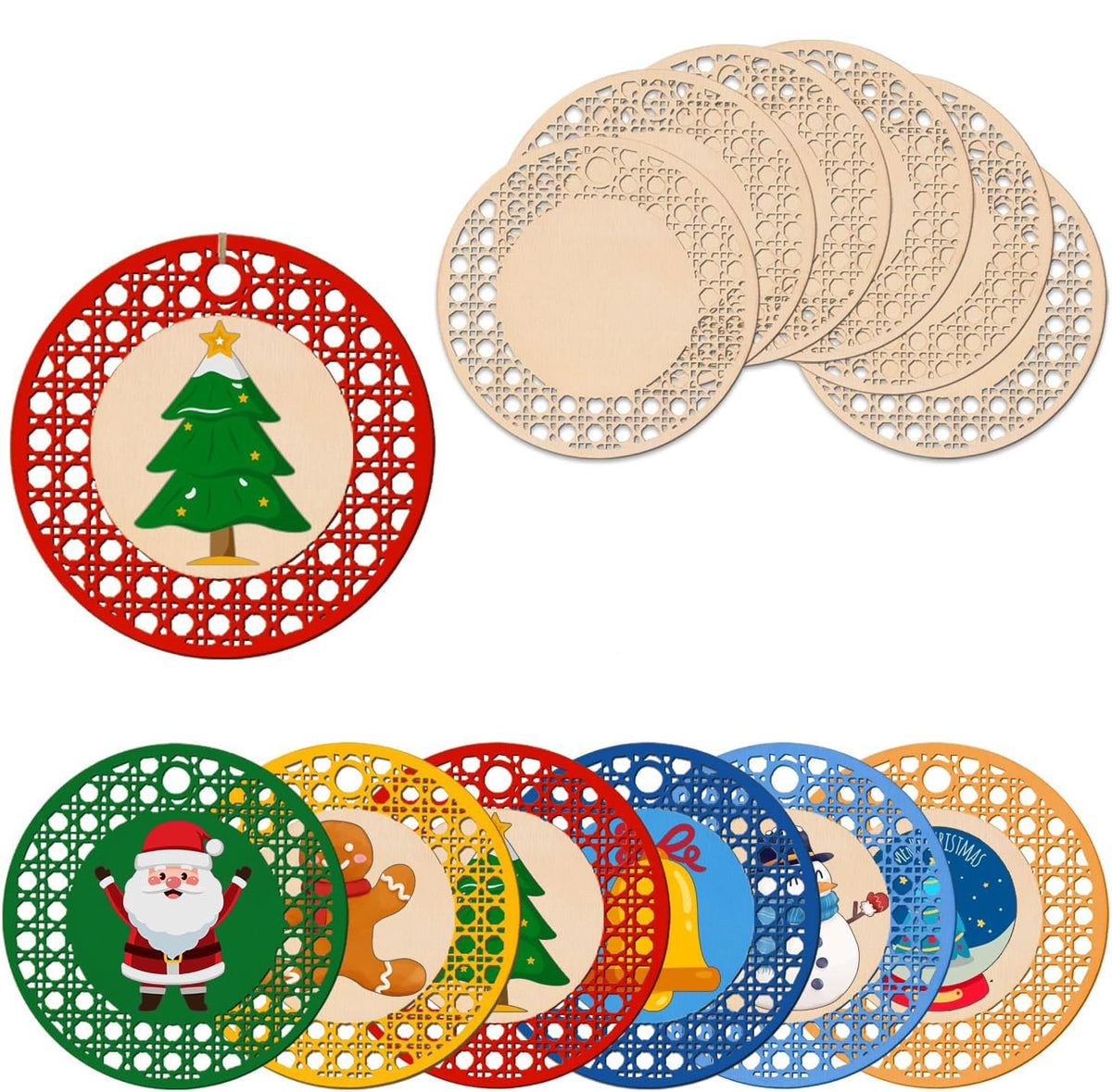 Set of Christmas-themed coasters with decorative patterns on a white background