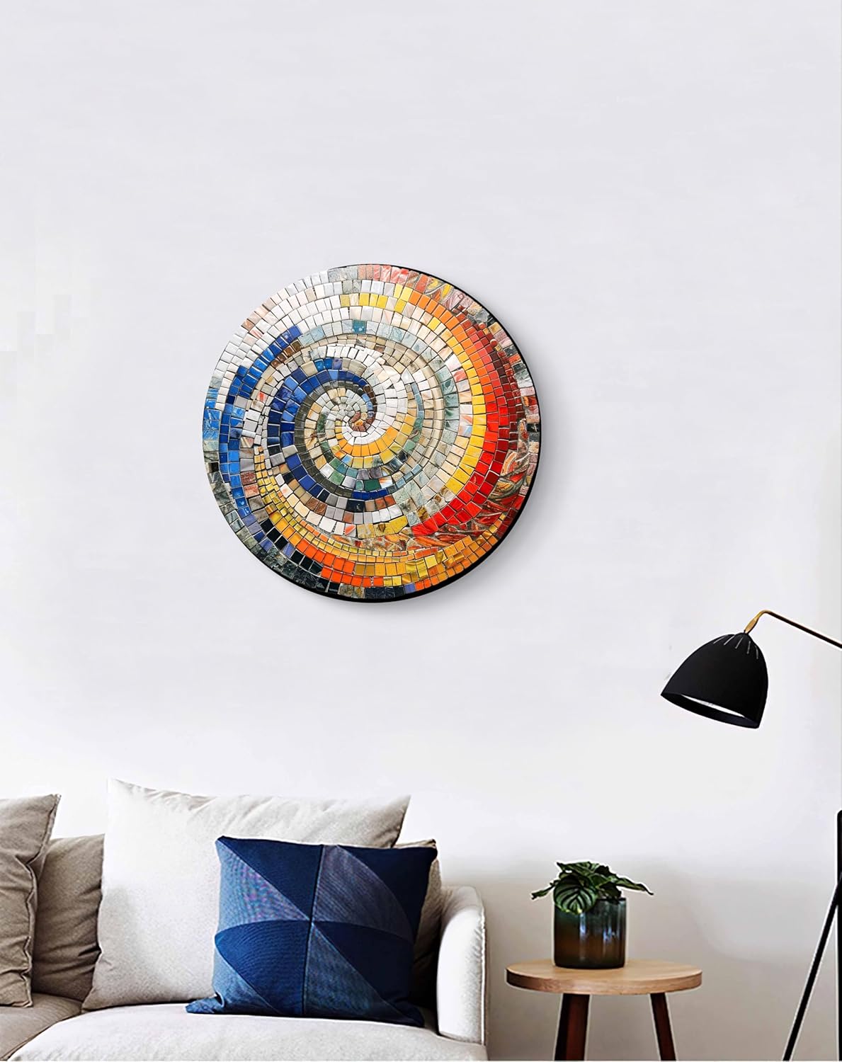 Colorful spiral mosaic wall art in a living room setting.