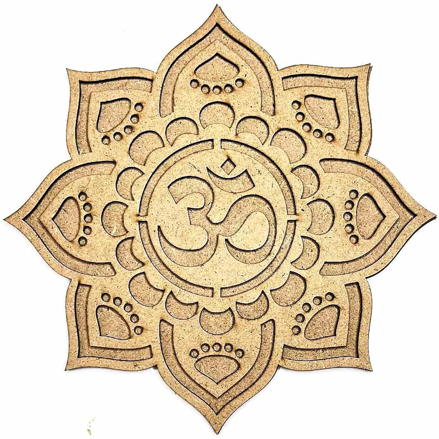 Decorative wooden panel with Om symbol and mandala design on a white background