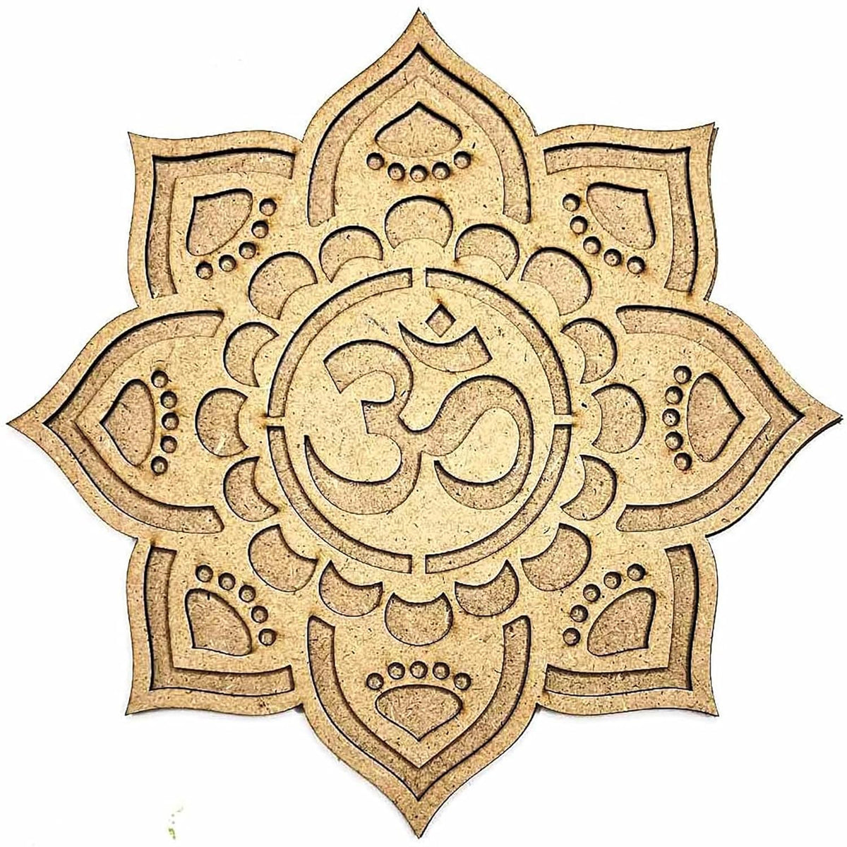 Decorative wooden panel with Om symbol and mandala design on a white background