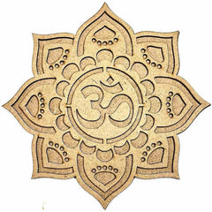 Decorative wooden panel with Om symbol and mandala design on a white background