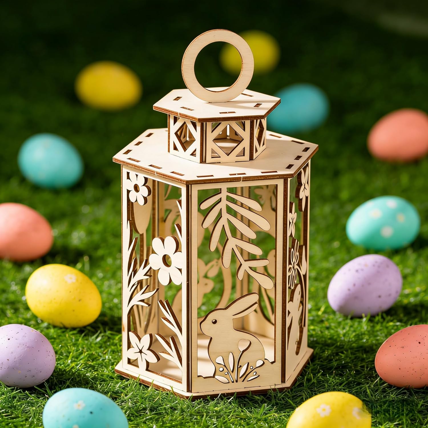 rustic wooden Easter lantern bunny tabletop decoration ready to use