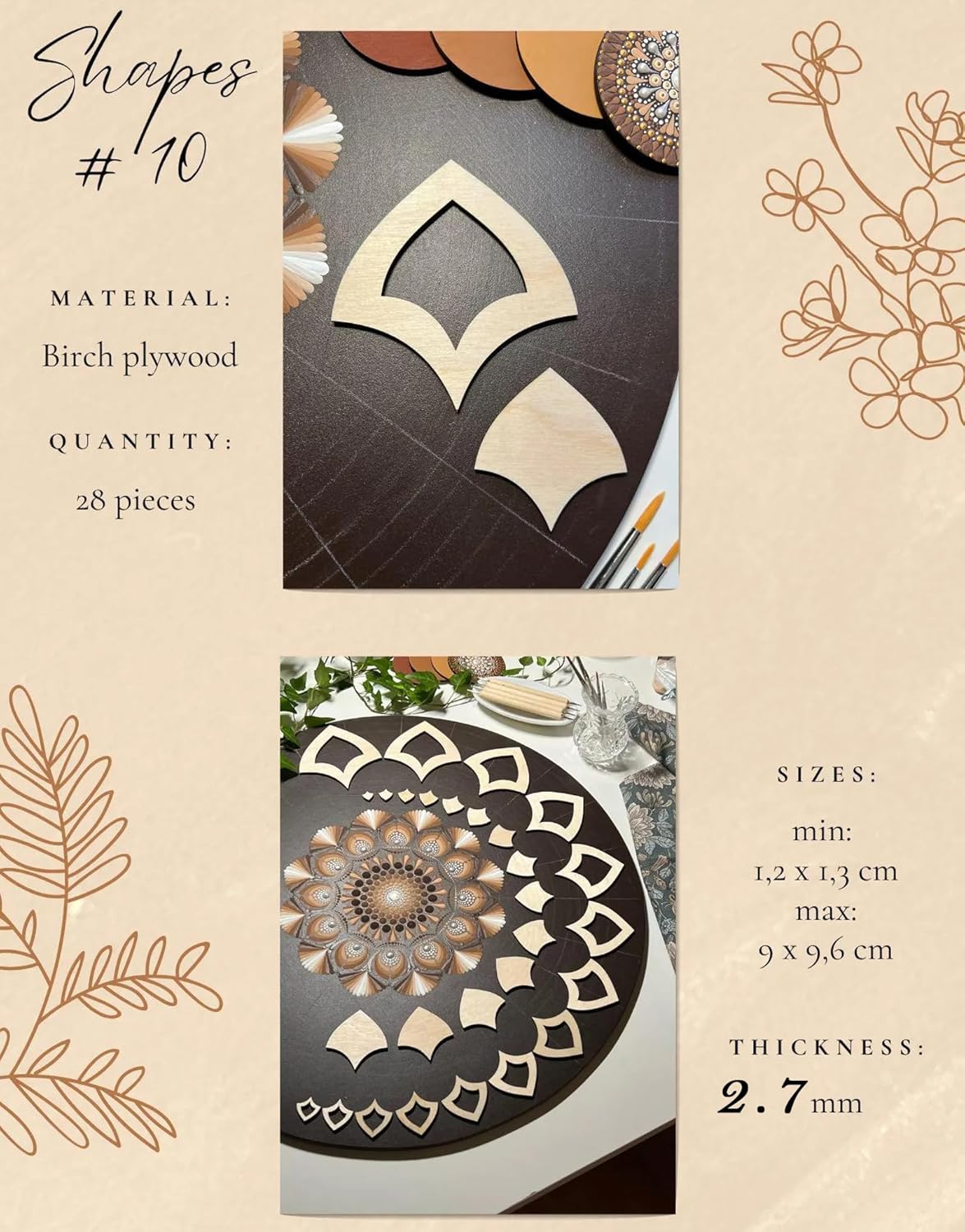 Birch plywood cutouts with geometric shapes on a decorative surface.