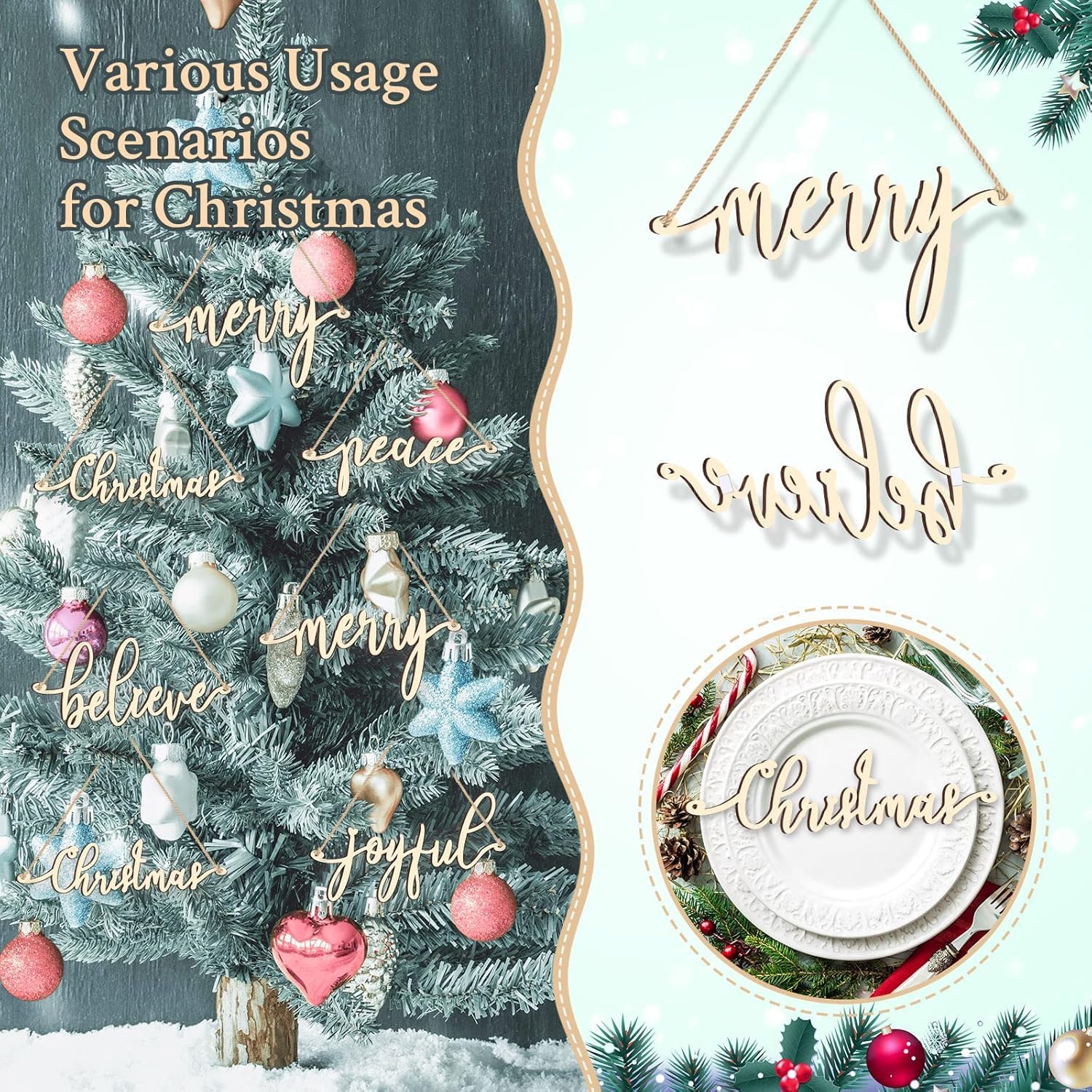 Decorative Christmas tree with gold 'merry' and other holiday phrases, surrounded by festive elements.