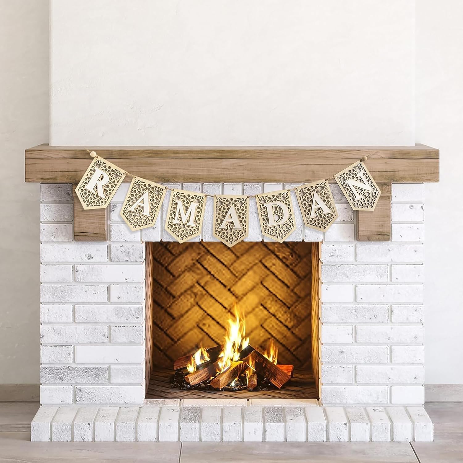 Fireplace with a wooden mantel and 'Merry Christmas' banner.