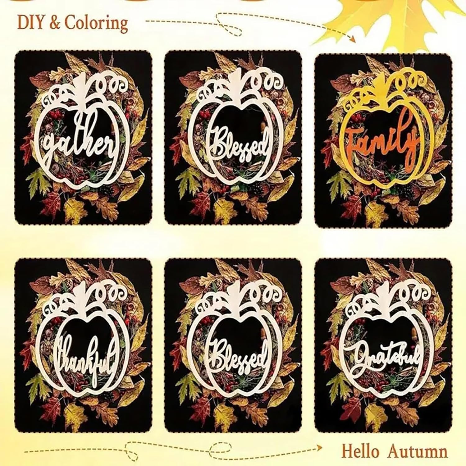 Set of six autumn-themed designs with pumpkins and leaves on a black background, featuring words like 'gather', 'blessed', and 'family'.