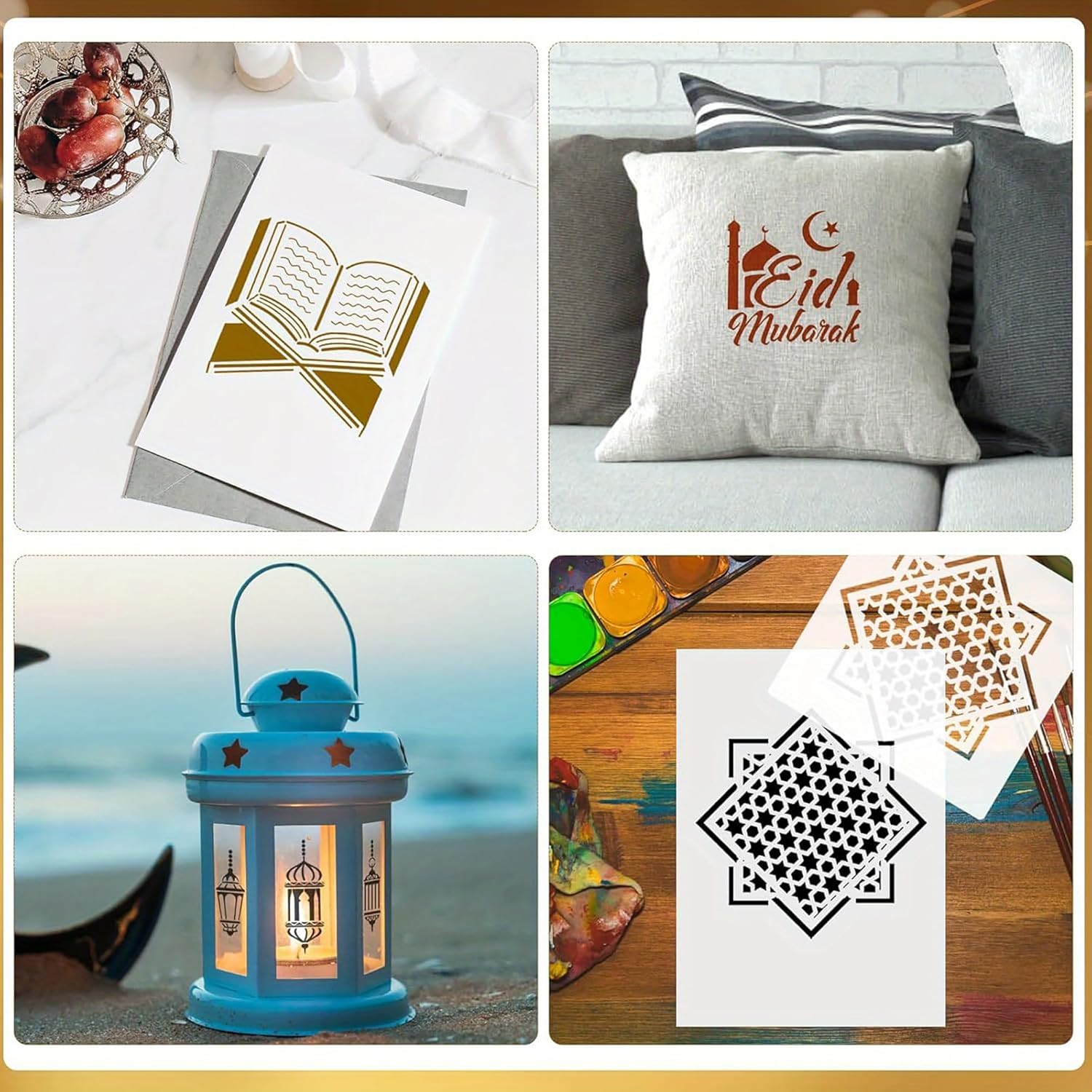 Collage of 'Eid Mubarak' pillow, card with book design, lantern, and stencils on a wooden surface.