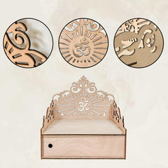 Wooden bench with intricate carvings and a cushion on a light background