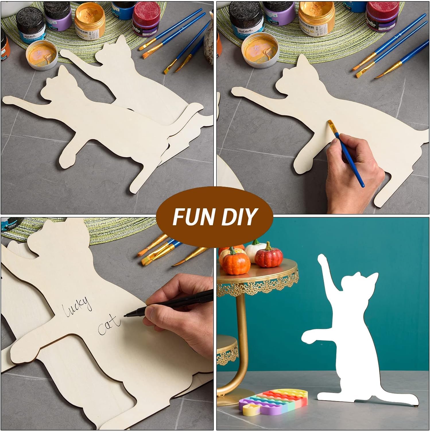 Collage of a DIY project involving a cat-shaped cutout, painting, and final product.