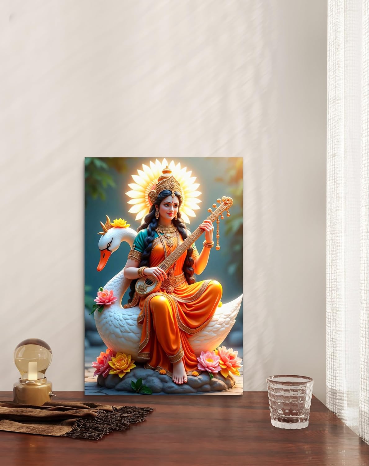 Decorative panel with a woman playing a stringed instrument on a swan, placed on a wooden surface.