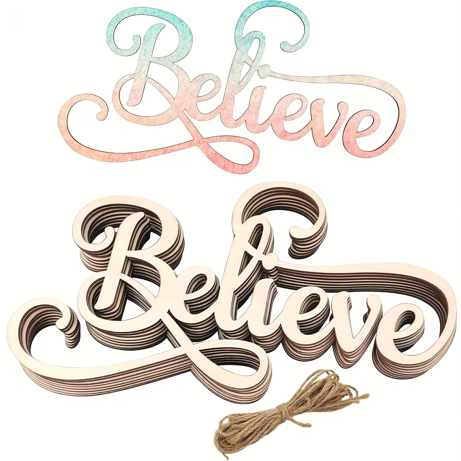 Wooden letter set spelling 'Believe' with a string on a white background