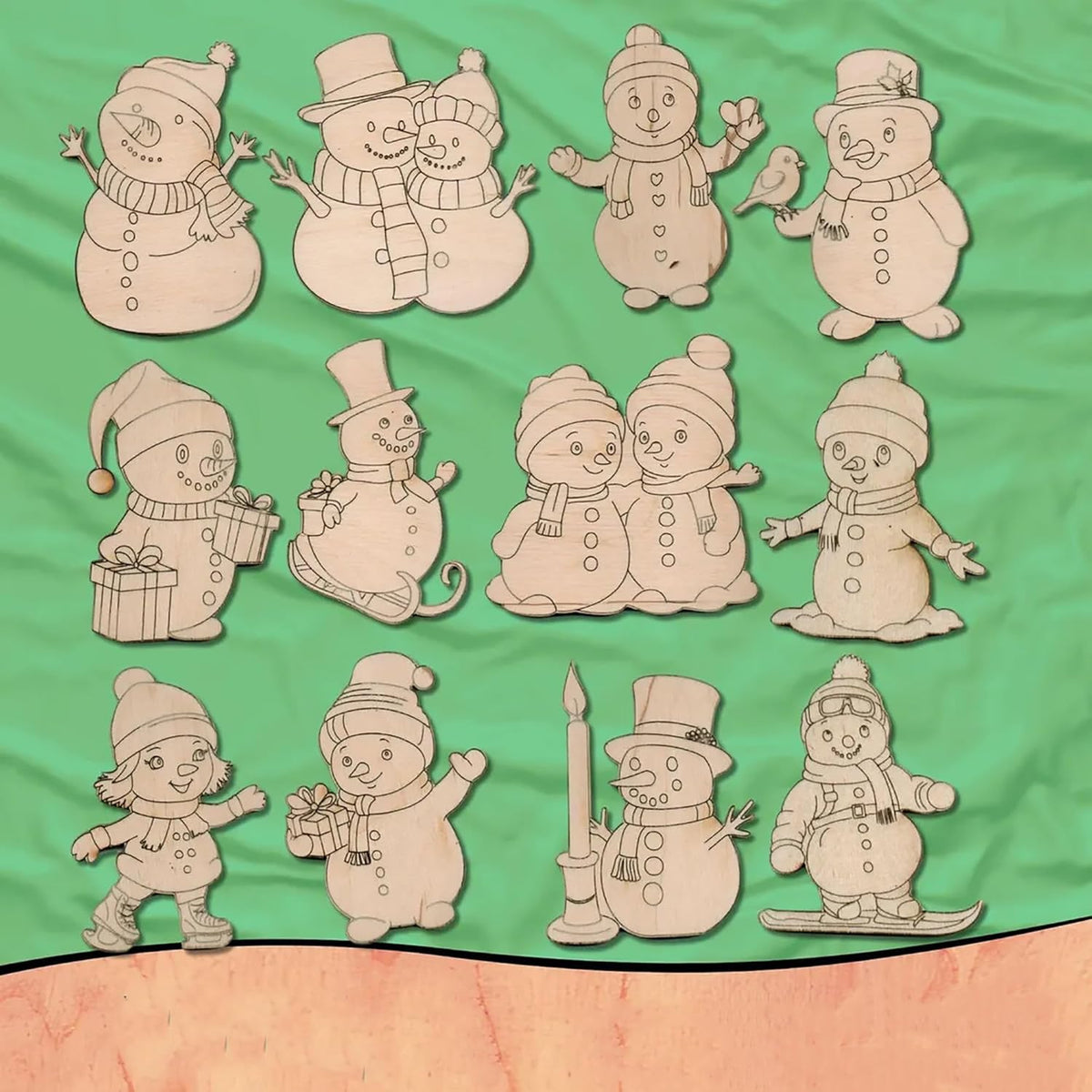 Set of snowman illustrations on a green fabric background