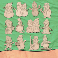 Set of snowman illustrations on a green fabric background