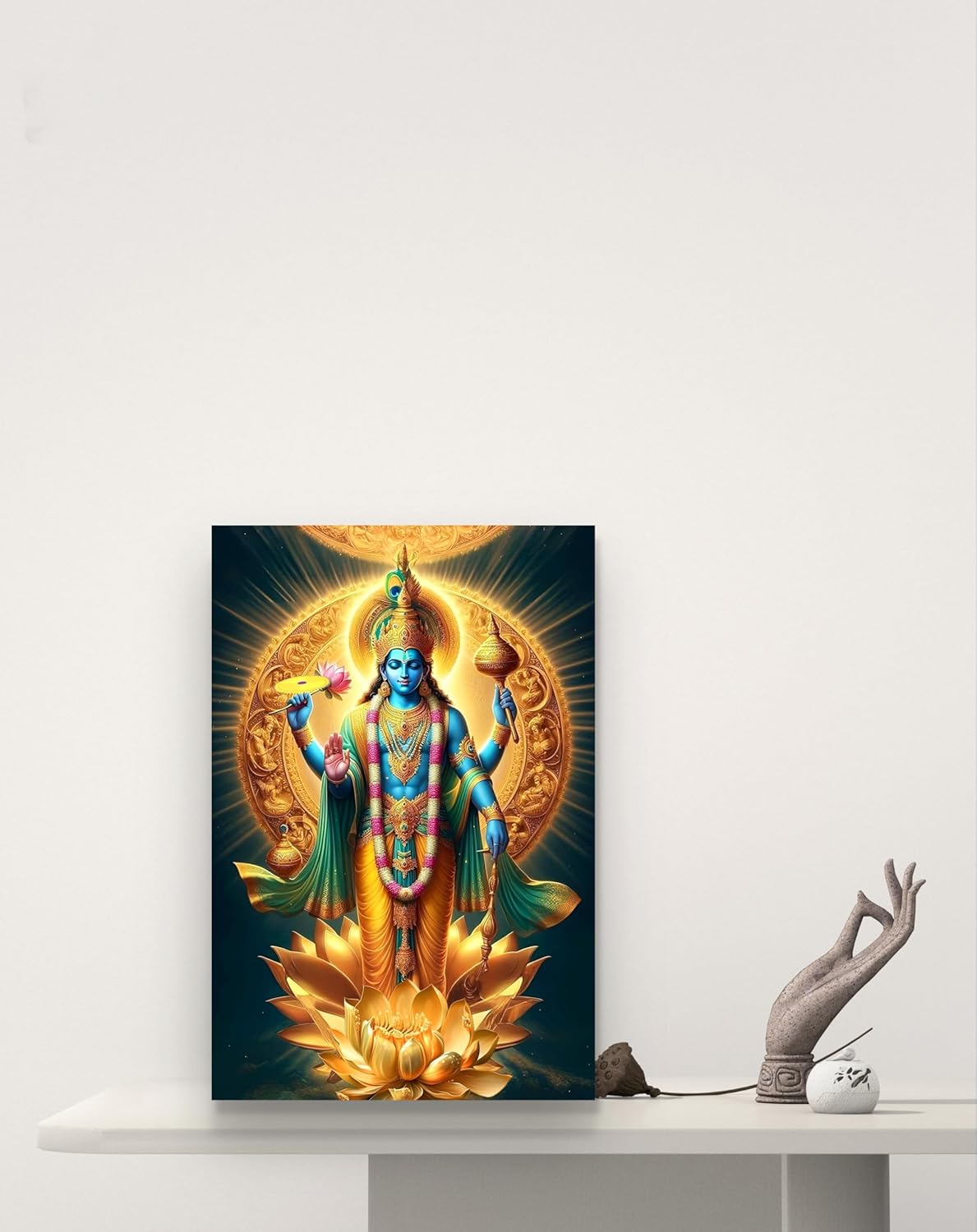 Framed artwork of a deity on a white surface with a light gray background