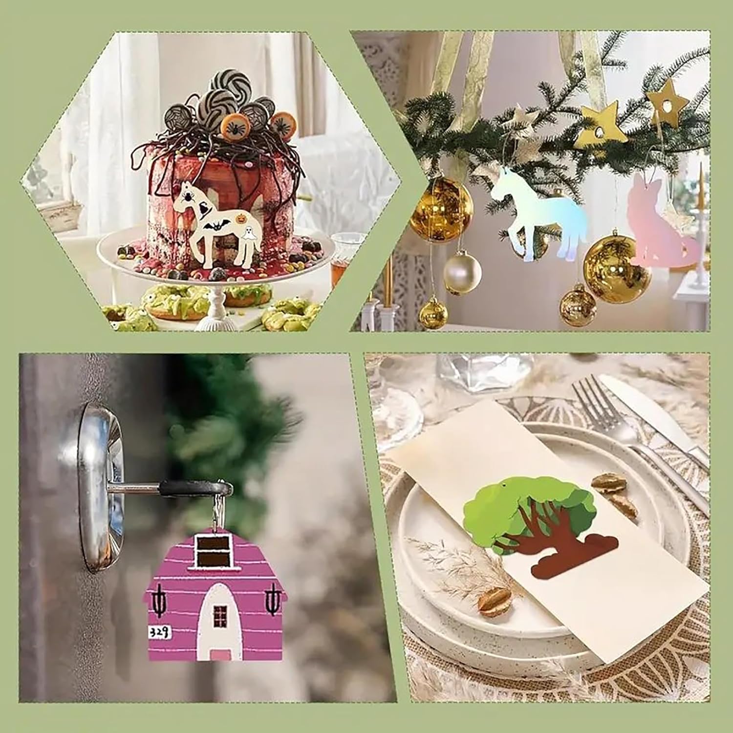 Collage of decorative items including a cake, Christmas tree decorations, a house-shaped keychain, and place mats with tree designs.