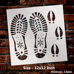 Stencil with boot and snowflake design on a brick background