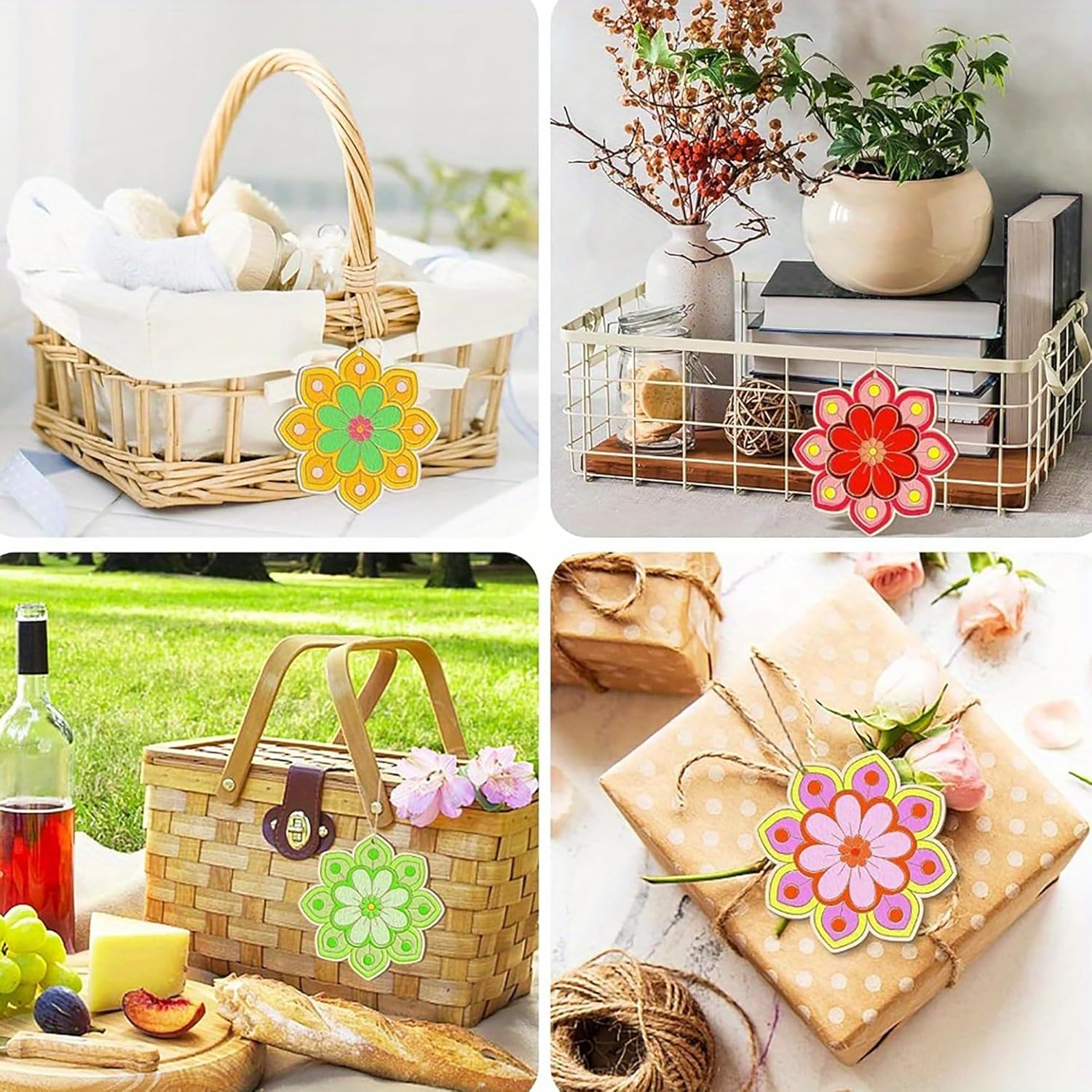 Collage of picnic basket, gift wrap, and decorative elements with floral stickers.